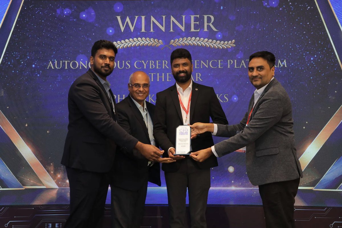 The Spharaka Networks team accepting the Autonomous Cyber Defence Platform of the Year award on stage at the 13th CIO Conclave and Awards 2026