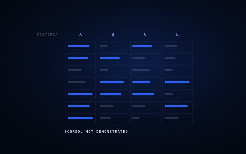 Spharaka diagram: a vendor scorecard: criteria down the side, candidates across the top.